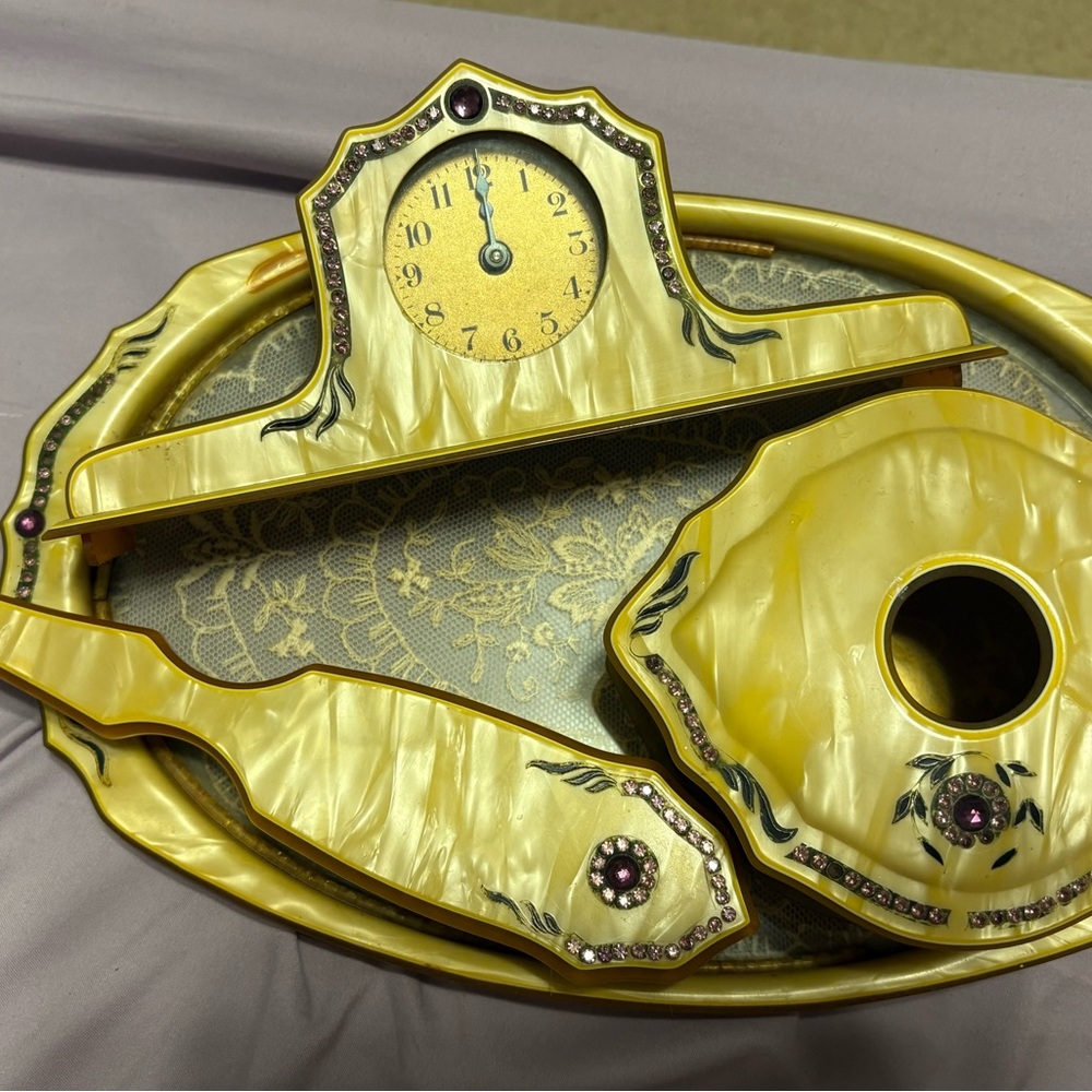 VTG Art Deco Pearlized Celluloid & Purple Rhinestone 4pc Vanity Set Castle core